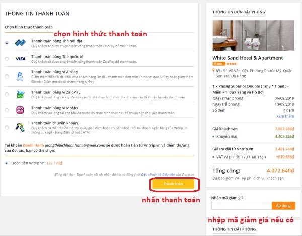 Hướng dẫn cách đặt phòng khách sạn qua Vntrip