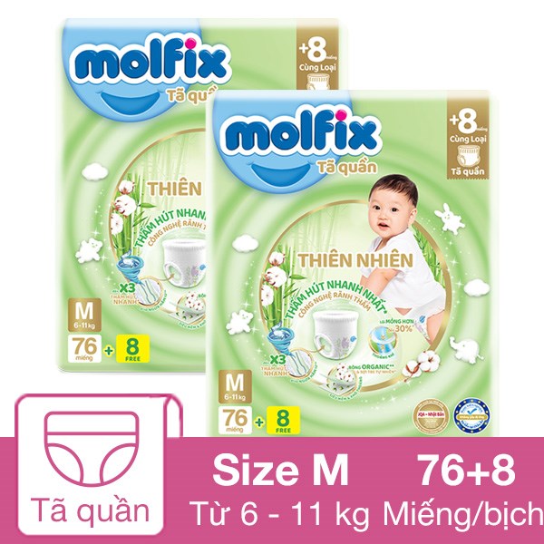 [🛒🇻🇳]Combo 2 tã quần Molfix thiên nhiên size M 76 + 8 miếng/bịch (6 – 11 kg) – Giao bao bì ngẫu nhiên – Molfix , SKU – 311356 – avakids.com 🇻🇳🛒Top1Shop🛒 🇻🇳Top1Vietnam🇻🇳 🛍🛒🇻🇳