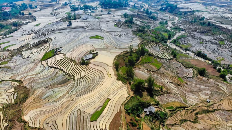 Y Tý mùa nước đổ tuyệt đẹp với lóng lánh những ô màu của ruộng bậc thang