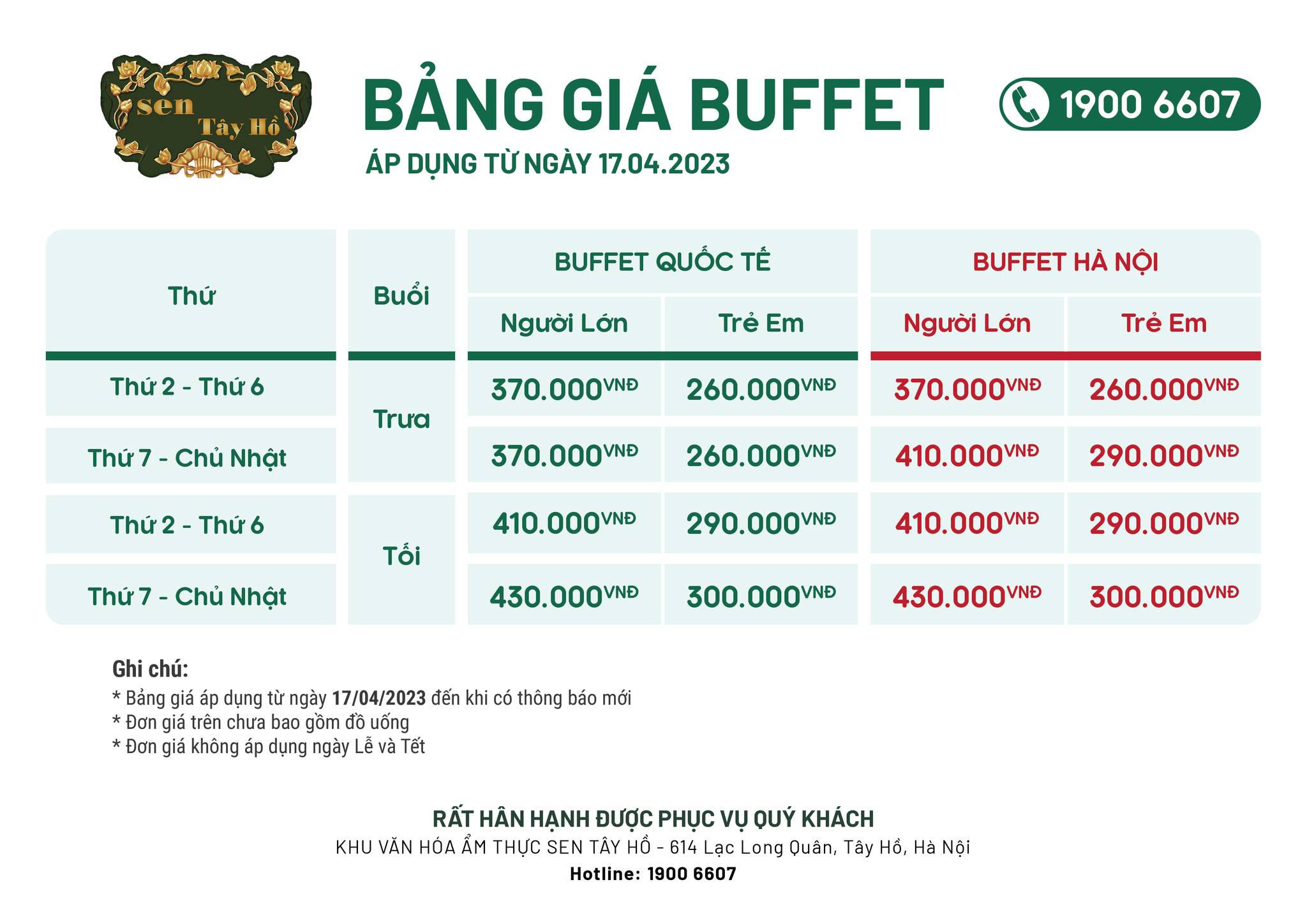 Bảng giá buffet Sen Tây Hồ mới nhất