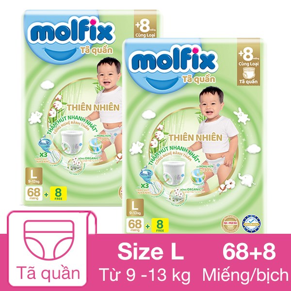 [🛒🇻🇳]Combo 2 tã quần Molfix thiên nhiên size L 68 + 8 miếng/bịch (9 – 13 kg) – Giao bao bì ngẫu nhiên – Molfix , SKU – 311357 – avakids.com 🇻🇳🛒Top1Shop🛒 🇻🇳Top1Vietnam🇻🇳 🛍🛒🇻🇳