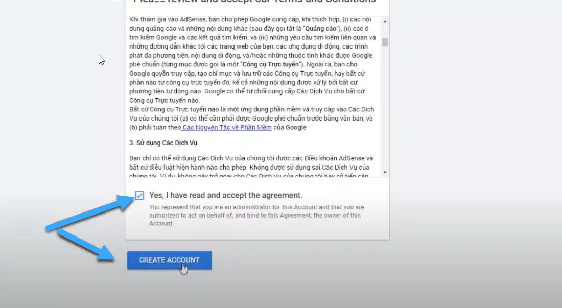 Đồng ý các điều  khoản trước khi nhấn chọn tạo tài khoản