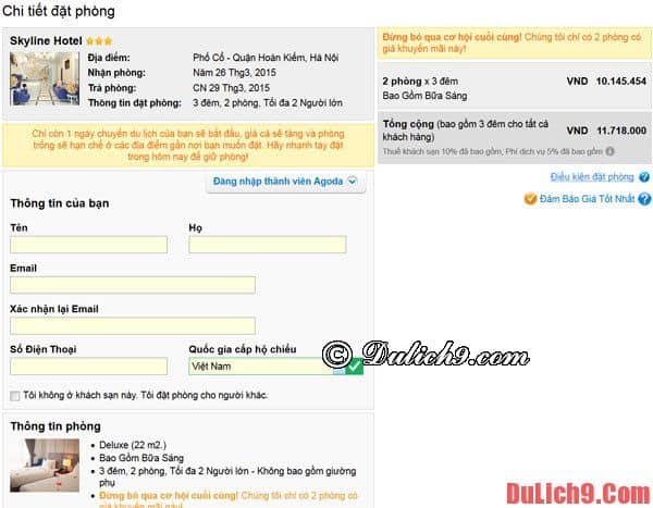 Điền các thông tin cần thiết để đặt phòng trên Agoda