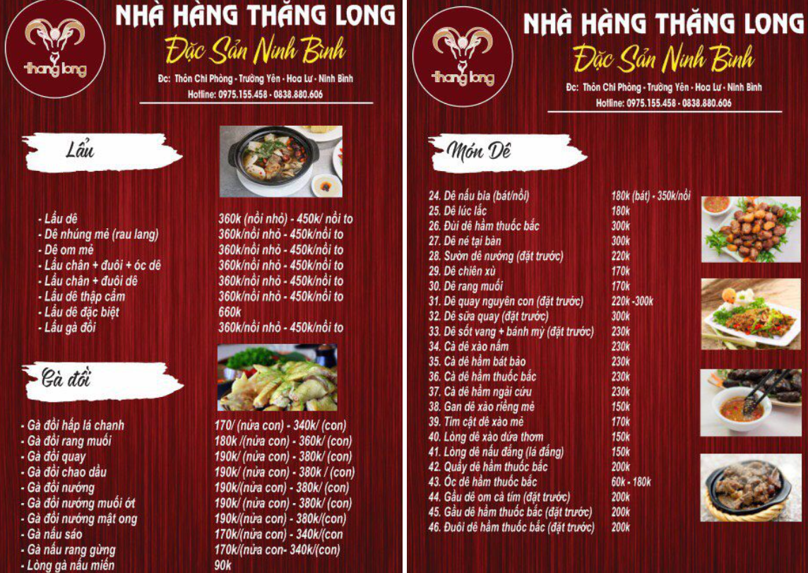 Nhà hàng ngon gần Tràng An Ninh Bình. Thực đơn một số món ở nhà hàng Thăng Long