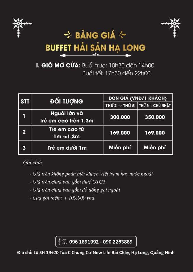 Bảng giá của buffet hải sản Tiến Thịnh