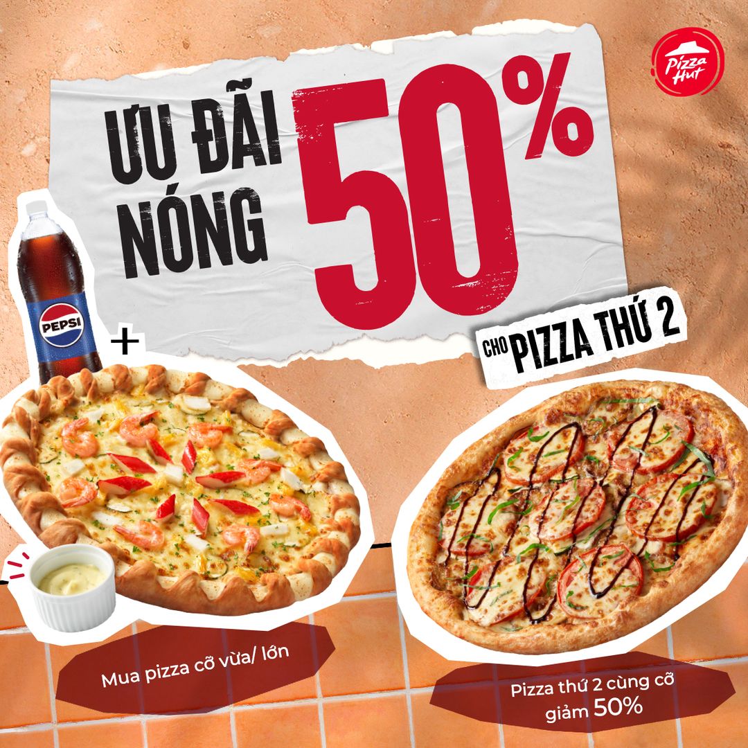 [🆕🇻🇳] Pizza Hut Việt Nam 🍔 Top1Food  🍜  HÈ NAY THẢ GA VỚI PIZZA NỬA GIÁ
 ƯU ĐÃI NÓNG -50% CHO PIZZA THỨ 2 
 
 Theo đó, chỉ cần mua 01 Pizza Dòng Cao Cấp (Cỡ Vừa / Cỡ Lớn) kèm 01 Chai Nước Ngọt 1 , shares-7✔️ , likes-86❤️️ , date-2024-06-08 03:00:05🇻🇳🇻🇳🇻🇳📰🆕