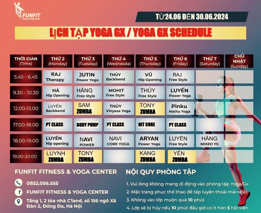 [🆕🇻🇳] FunFit Fitness & Yoga Center 🧘 Top1Yoga 🤸🏻‍♀️ THÔNG BÁO LỊCH TẬP LỚP YOGA/GROUP X TỪ 24/06 – 30/06/2024
 CHÚC HỘI VIÊN CÓ MỘT TUẦN TẬP LUYỆN & LÀM VIỆC NĂNG LƯỢNG HIỆU QUẢ   
__________________________ , shares-0✔️ , likes-3❤️️ , date-2024-06-22 19:05:59🇻🇳🇻🇳🇻🇳📰🆕