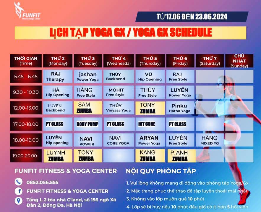 [🆕🇻🇳] FunFit Fitness & Yoga Center 🧘 Top1Yoga 🤸🏻‍♀️ THÔNG BÁO LỊCH TẬP LỚP YOGA/GROUP X TỪ 17/06 – 23/06/2024
 CHÚC HỘI VIÊN CÓ MỘT TUẦN TẬP LUYỆN & LÀM VIỆC NĂNG LƯỢNG HIỆU QUẢ   
__________________________ , shares-0✔️ , likes-4❤️️ , date-2024-06-15 19:38:11🇻🇳🇻🇳🇻🇳📰🆕