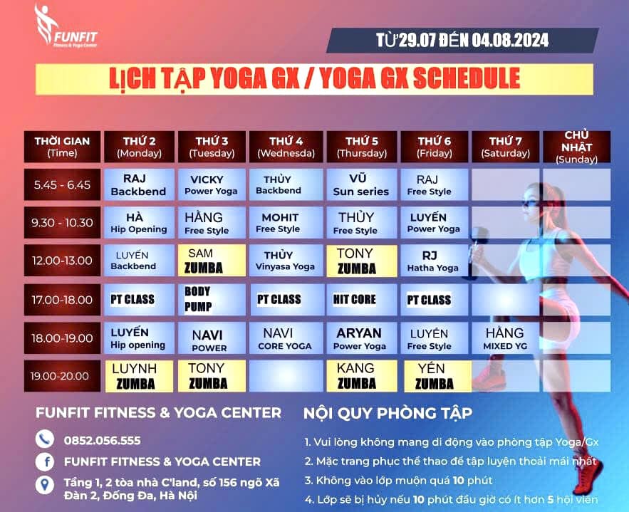 [🆕🇻🇳] FunFit Fitness & Yoga Center 🧘 Top1Yoga 🤸🏻‍♀️ THÔNG BÁO LỊCH TẬP LỚP YOGA/GROUP X TỪ 29/07 – 04/08/2024
 CHÚC HỘI VIÊN CÓ MỘT TUẦN TẬP LUYỆN & LÀM VIỆC NĂNG LƯỢNG HIỆU QUẢ   
__________________________ , shares-0✔️ , likes-4❤️️ , date-2024-07-27 17:28:26🇻🇳🇻🇳🇻🇳📰🆕