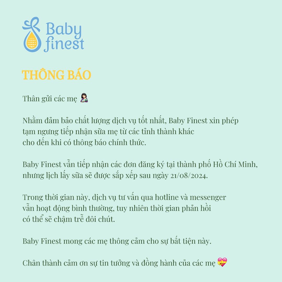 [🆕🇻🇳]  Baby Finest Vietnam – The first professional breastmilk freeze-drying service in Vietnam 🧑‍🧒❤️️👶⭐️ Baby Finest xin thông báo
Hiện tại lịch lấy sữa của Baby Finest đã kín đến hết ngày 21/08/2024. Nhằm đảm bảo chất lượng dịch vụ tốt nhất, Baby Finest xin  , shares-1✔️ , likes-6❤️️ , date-2024-08-08 12:59:58🇻🇳🇻🇳🇻🇳📰🆕