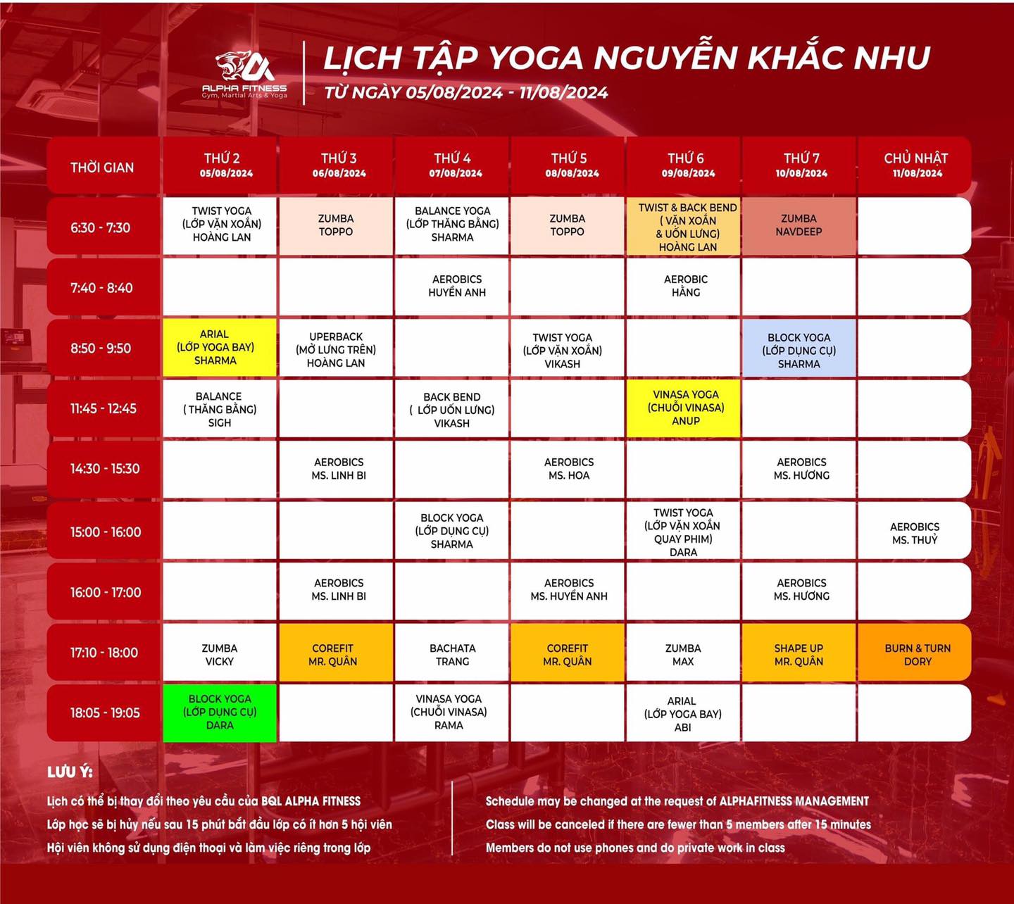 [🆕🇻🇳] TopGym Fitness & Yoga (Alpha Fitness)🧘 Top1Yoga 🤸🏻‍♀️ *LỊCH TẬP YOGA – GROUPX – ALPHA FITNESS TUẦN 05/08/2024 – 11/08/2024
 =>>ALPHA Fitness kính gửi quý hội viên lịch tập #Yoga – #Dance – #Zumba tuần tớ , shares-0✔️ , likes-3❤️️ , date-2024-08-05 23:01:45🇻🇳🇻🇳🇻🇳📰🆕