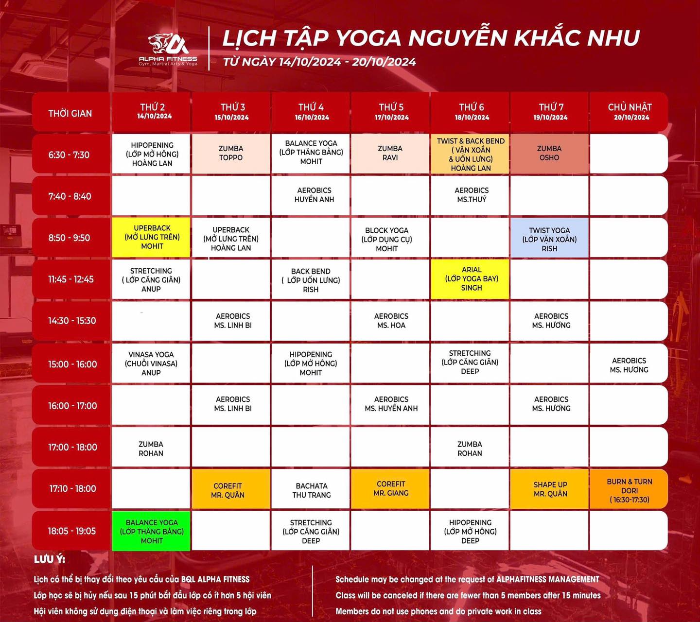 [🆕🇻🇳] TopGym Fitness & Yoga (Alpha Fitness)🧘 Top1Yoga 🤸🏻‍♀️ *LỊCH TẬP YOGA – GROUPX – ALPHA FITNESS TUẦN 14/10/2024 – 20/10/2024
 =>>ALPHA Fitness kính gửi quý hội viên lịch tập #Yoga – #Dance – #Zumba tuần tớ , shares-0✔️ , likes-2❤️️ , date-2024-10-13 19:16:23🇻🇳🇻🇳🇻🇳📰🆕