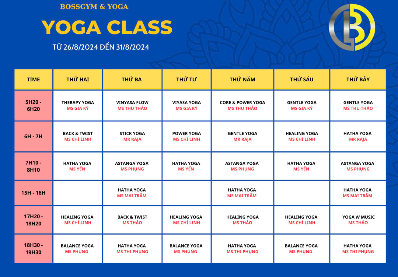 [???] Boss Gym & Yoga Center ? Top1Yoga ??‍♀️ LỊCH TẬP LỚP GROUP X YOGA VÀ DANCE TẠI BOSSGYM TỪ NGÀY 26/8/2024 đến 31/8/2024 
 Quý Hội viên vui lòng theo dõi lịch tập được cập nhật hàng tuần vào mỗi , shares-0✔️ , likes-1❤️️ , date-2024-08-25 20:45:25????????