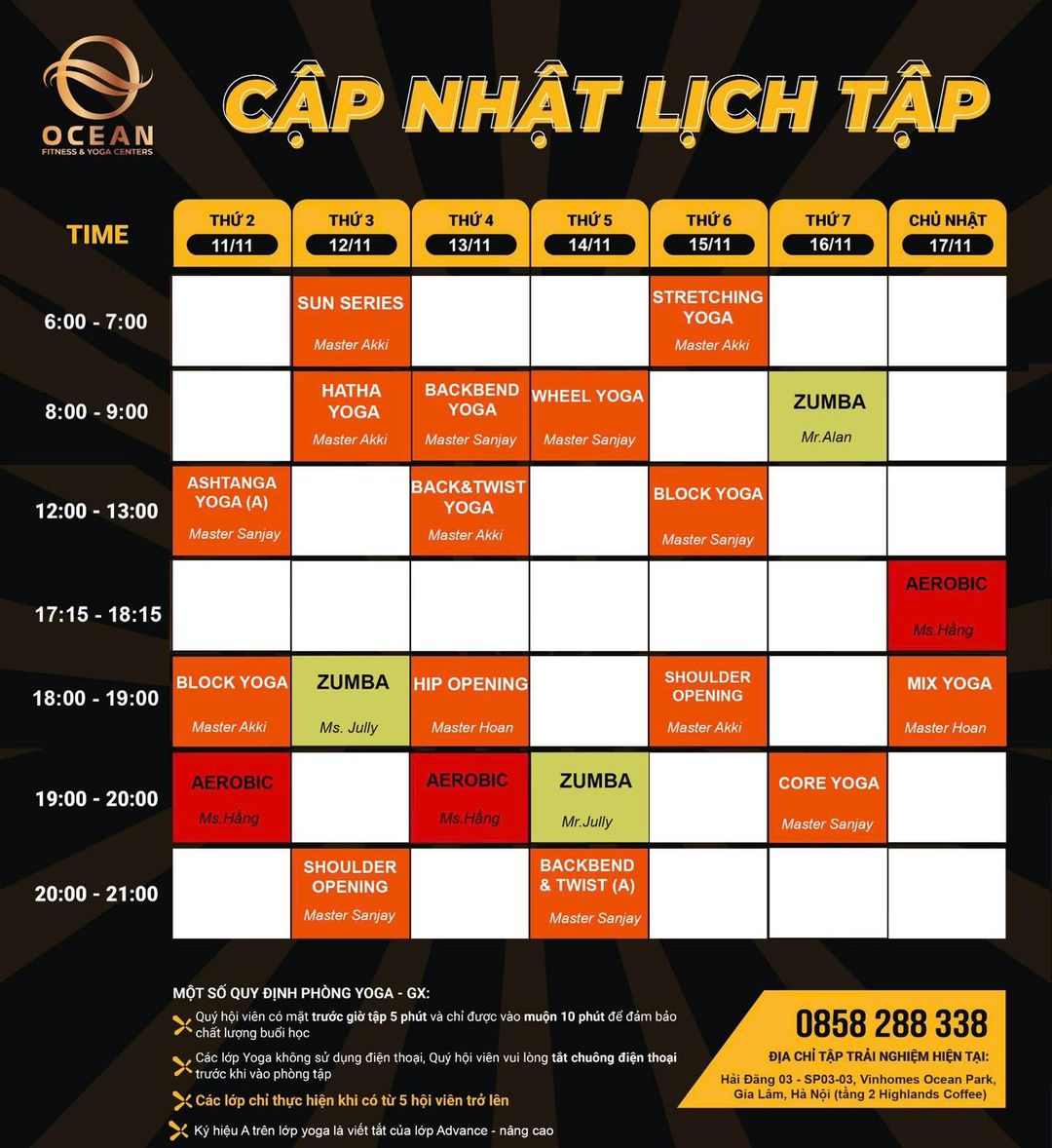 [???] Ocean Fitness & Yoga Centers  ? Top1Yoga ??‍♀️ CẬP NHẬT LỊCH TẬP LỚP NHÓM TUẦN MỚI TỪ 11.11 – 17.11
 Kính gửi quý hội viên lịch tập tuần mới
 Quý hội viên vui lòng cập nhật thông tin lịch tập để đến lớp , shares-0✔️ , likes-1❤️️ , date-2024-11-10 17:08:10????????