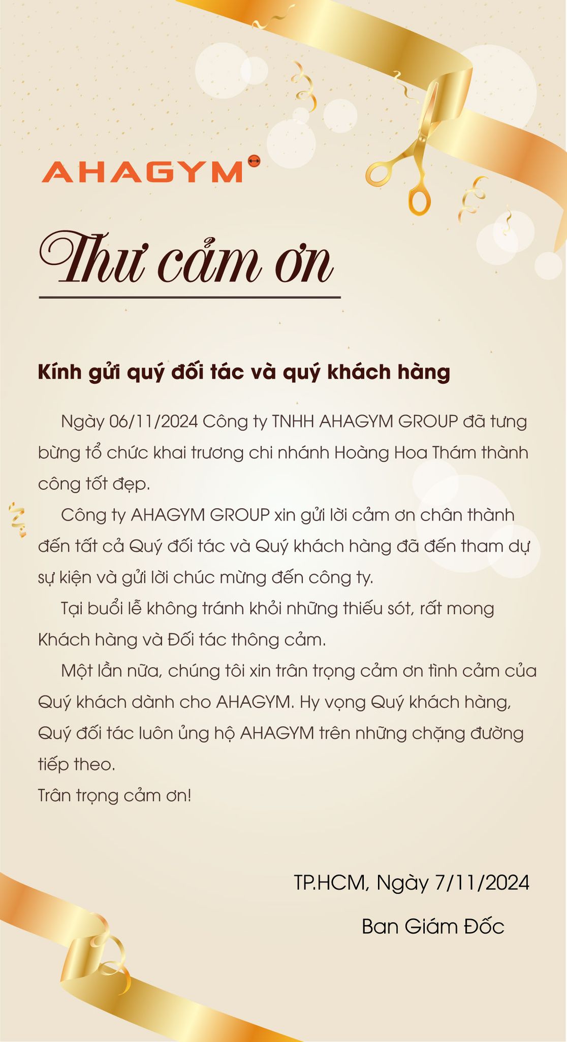 [???] Ahagym Bùi Đình Tuý  ? Top1Yoga ??‍♀️ Thư cảm ơn

Kính gửi quý đối tác và quý khách hàng

Ngày 06/11/2024 Công ty TNHH AHAGYM GROUP đã tưng bừng tổ chức khai trương chi nhánh Hoàng Hoa Thám thà , shares-0✔️ , likes-5❤️️ , date-2024-11-07 16:18:52????????