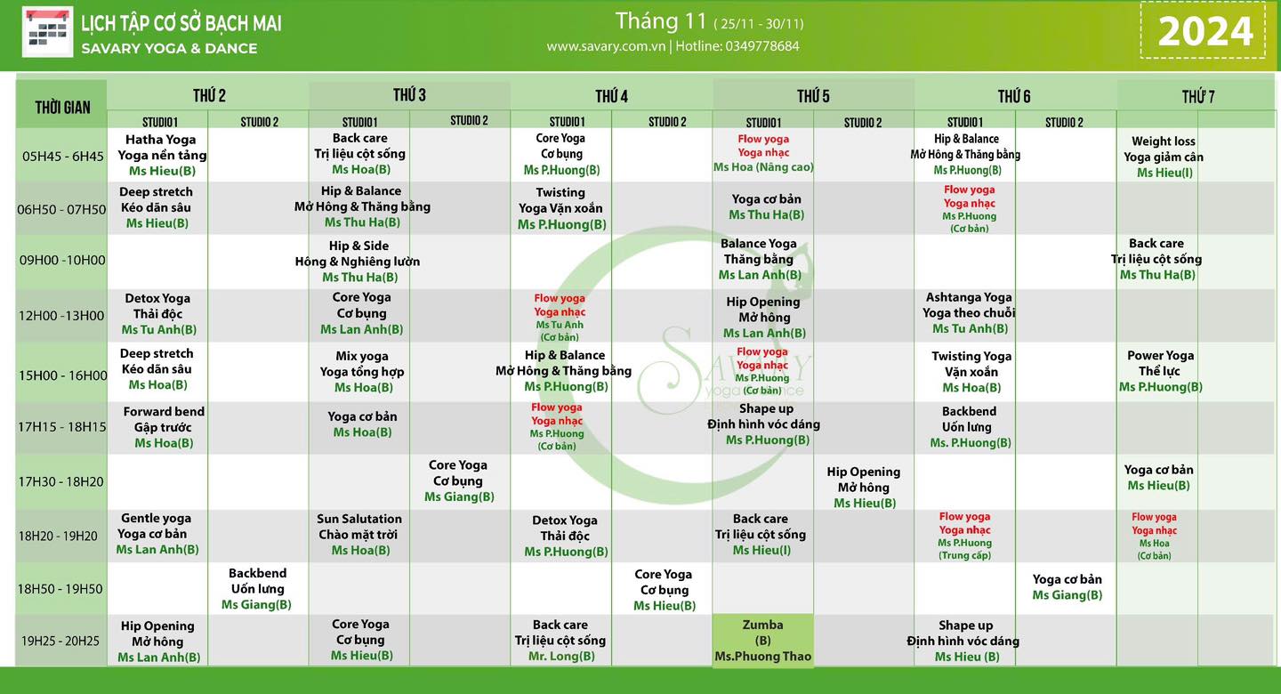 [???] Savary Yoga & Dance (Hà Nội) – Phòng tập yoga ? Top1Yoga ??‍♀️ Savary xin được gửi tới quý hội viên lịch tập tuần mới. 
Kính chúc quý hội viên có một tuần luyện tập hiệu quả!
 , shares-0✔️ , likes-4❤️️ , date-2024-11-24 23:01:27????????