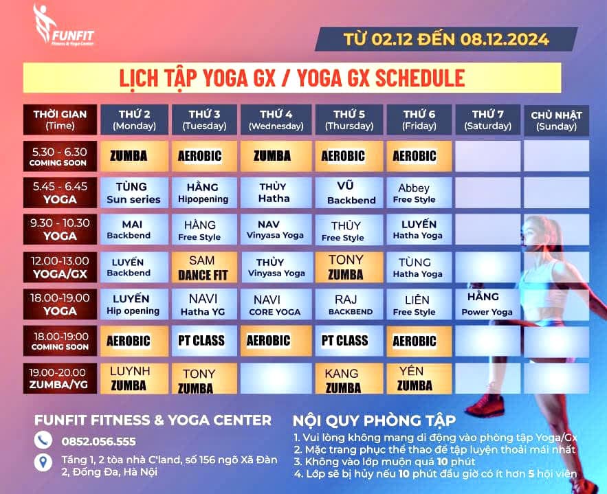[🆕🇻🇳] FunFit Fitness & Yoga Center 🧘 Top1Yoga 🤸🏻‍♀️ THÔNG BÁO LỊCH TẬP LỚP YOGA/GROUP X TỪ 02/12- 08/12/2024
 CHÚC HỘI VIÊN CÓ MỘT TUẦN TẬP LUYỆN & LÀM VIỆC NĂNG LƯỢNG HIỆU QUẢ   
___________________________ , shares-0✔️ , likes-2❤️️ , date-2024-12-01 21:50:38🇻🇳🇻🇳🇻🇳📰🆕