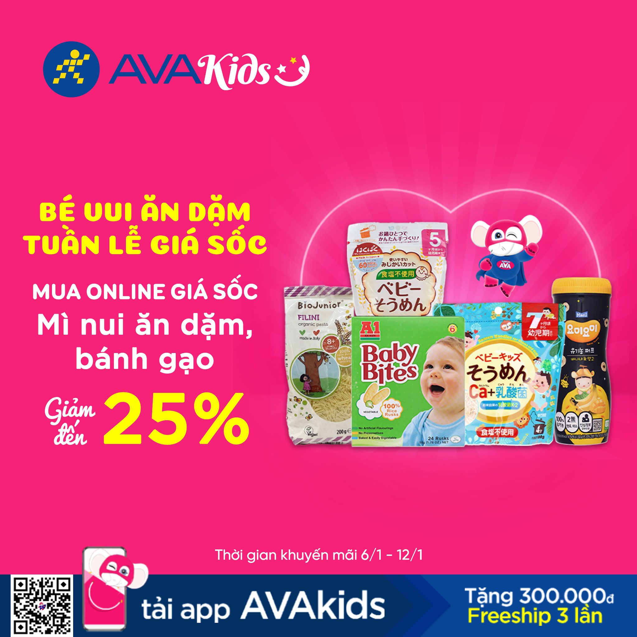 [🆕🇻🇳] AVAKids – Siêu thị cho mẹ và bé 🧑‍🧒❤️️👶⭐️  BÉ VUI ĂN DẶM – TUẦN LỄ GIÁ SỐC KHÔNG THỂ BỎ LỠ! 

 Giảm giá cực đã – Bé ăn ngon, mẹ tiết kiệm:

 Mì nui ăn dặm, bánh gạo giảm đến 25%
 Cháo tươi: Mua 3 t , shares-2✔️ , likes-5❤️️ , date-2025-01-06 20:00:00🇻🇳🇻🇳🇻🇳📰🆕