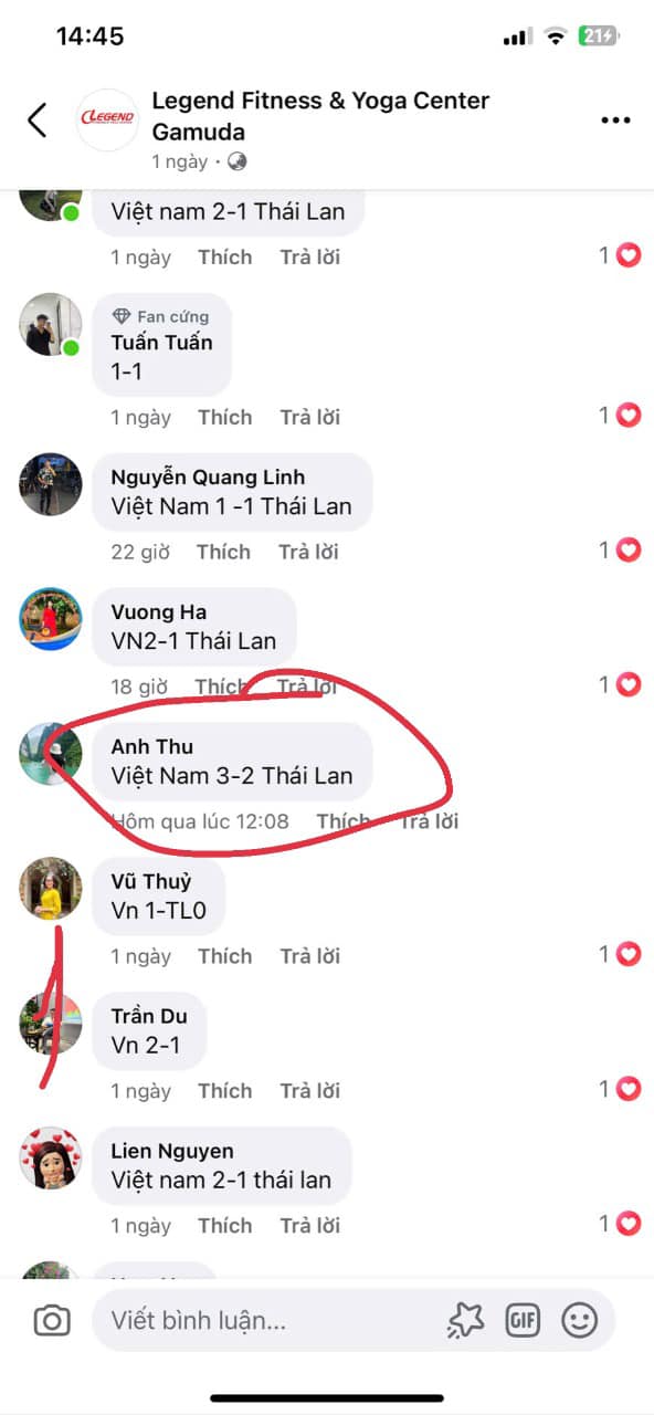 [🆕🇻🇳] Legend Fitness & Yoga Center Gamuda 🧘 Top1Yoga 🤸🏻‍♀️ CÔNG BỐ KẾT QUẢ MINI GAME DỰ ĐOÁN TỈ SỐ TRẬN CHUNG KẾT VIỆT NAM  THÁI LAN 
Sau đây là những khán giá đoán đúng tỉ số và đúng yêu cầu nhất:
Cảm ơn tình yêu  , shares-2✔️ , likes-11❤️️ , date-2025-01-06 21:51:20🇻🇳🇻🇳🇻🇳📰🆕