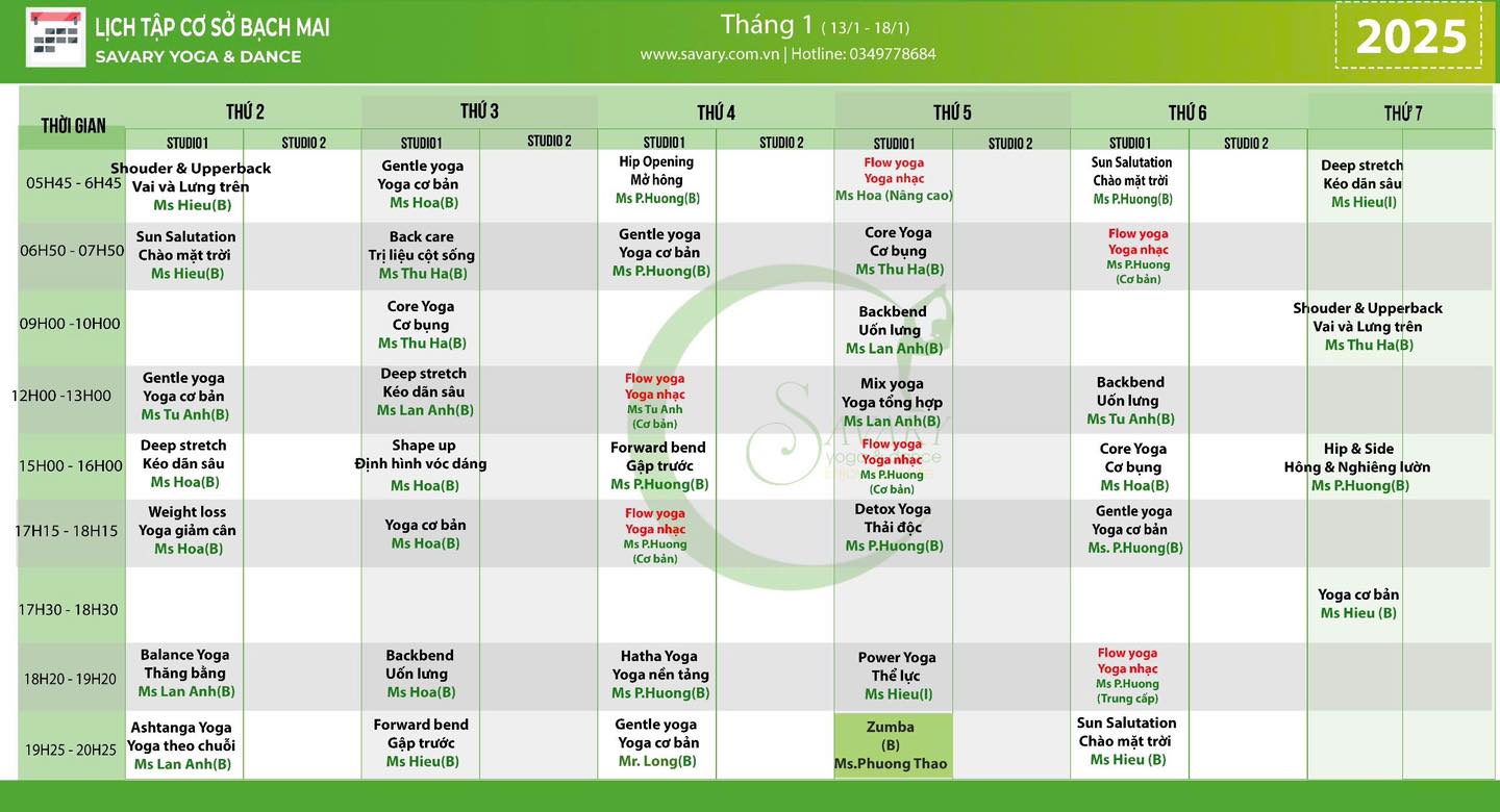 [???] Savary Yoga & Dance (Hà Nội) – Phòng tập yoga ? Top1Yoga ??‍♀️ Savary xin được gửi tới quý hội viên lịch tập tuần mới. 
Kính chúc quý hội viên có một tuần luyện tập hiệu quả!
 , shares-0✔️ , likes-0❤️️ , date-2025-01-12 23:13:06????????