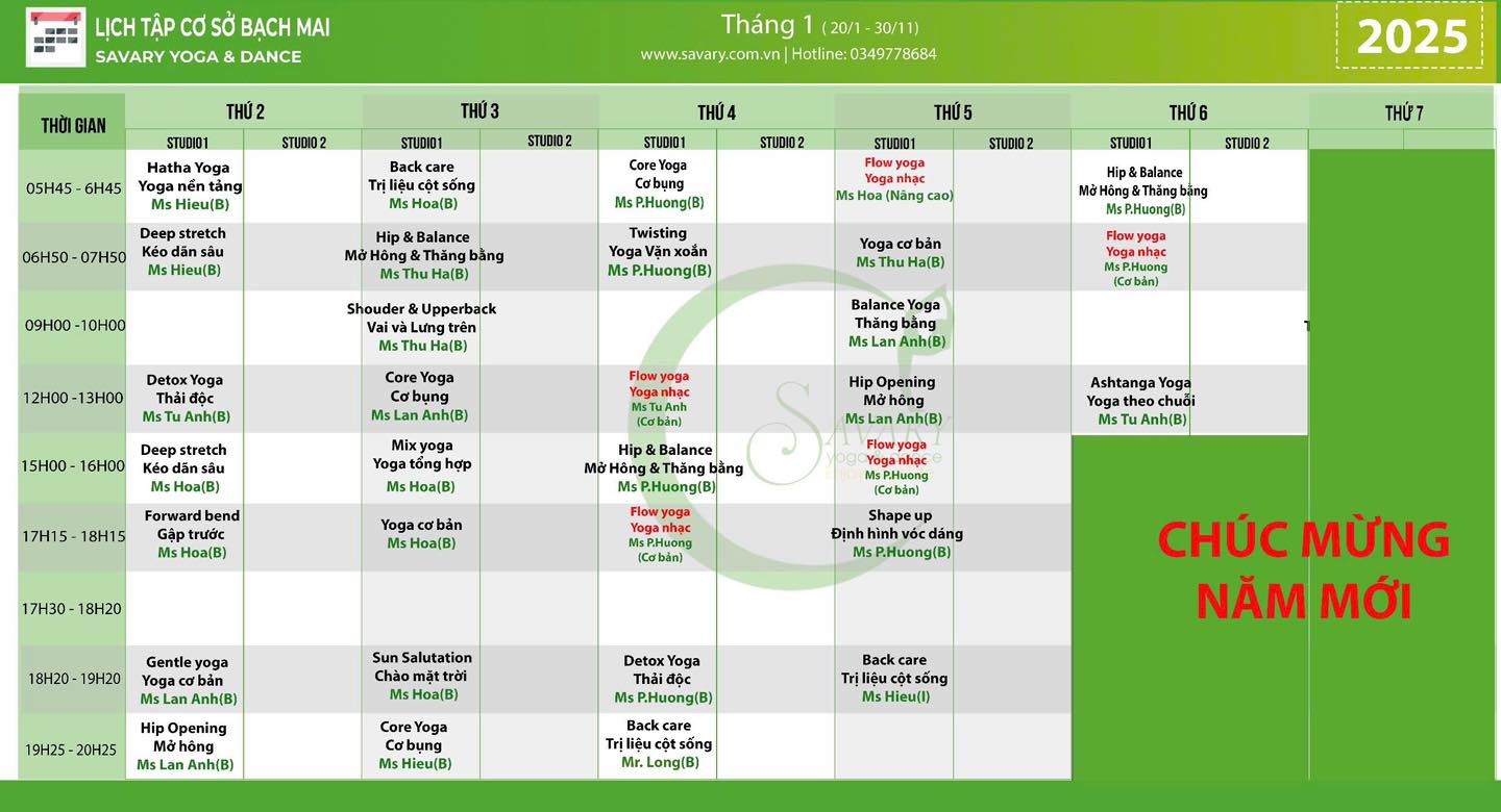 [???] Savary Yoga & Dance (Hà Nội) – Phòng tập yoga ? Top1Yoga ??‍♀️ Savary xin được gửi tới quý hội viên lịch tập tuần mới. 
Kính chúc quý hội viên có một tuần luyện tập hiệu quả!
 , shares-0✔️ , likes-3❤️️ , date-2025-01-20 01:10:41????????