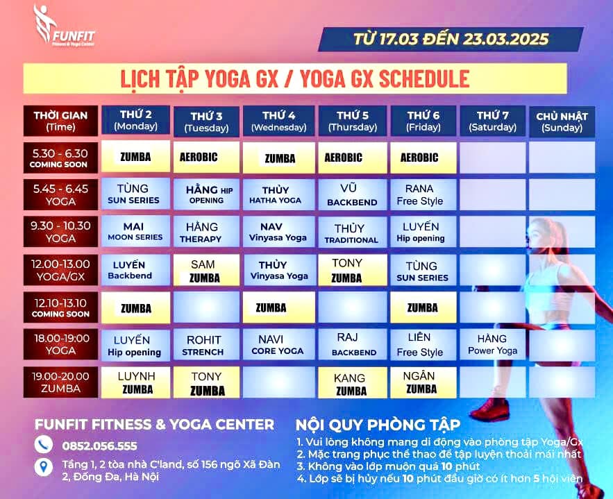 [🆕🇻🇳] FunFit Fitness & Yoga Center 🧘 Top1Yoga 🤸🏻‍♀️ THÔNG BÁO LỊCH TẬP LỚP YOGA/GROUP X TỪ 17/03- 23/03/2025
 CHÚC HỘI VIÊN CÓ MỘT TUẦN TẬP LUYỆN & LÀM VIỆC NĂNG LƯỢNG HIỆU QUẢ   
___________________________ , shares-0✔️ , likes-6❤️️ , date-2025-03-16 22:26:54🇻🇳🇻🇳🇻🇳📰🆕