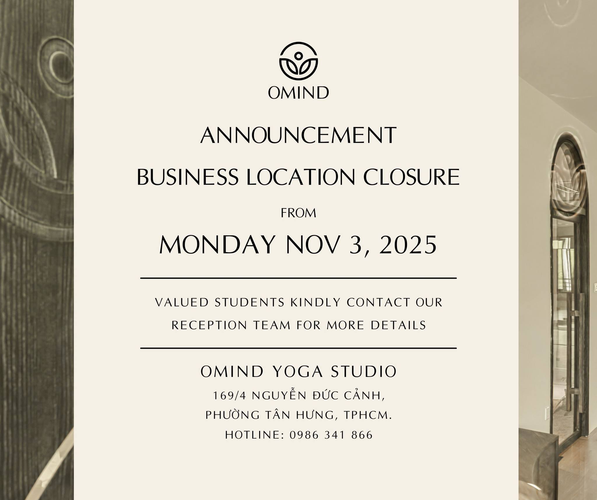 [🆕🇻🇳] OMIND Yoga Studio – Phòng tập yoga 🧘 Top1Yoga 🤸🏻‍♀️ [English below]

THÔNG BÁO NGỪNG HOẠT ĐỘNG ĐỊA ĐIỂM KINH DOANH

Kính gửi Quý học viên thân mến,

OMIND xin trân trọng thông báo:
Địa điểm OMIND Yoga Studio , shares-0✔️ , likes-2❤️️ , date-2025-10-28 23:30:04🇻🇳🇻🇳🇻🇳📰🆕