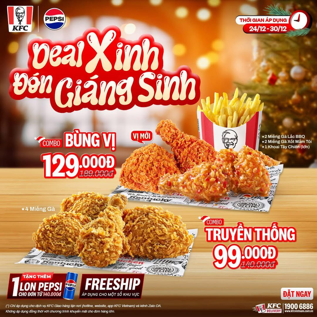 [🆕🇻🇳] KFC Nam Định 🍔 Top1Food  🍜  DEAL XINH ĐÓN GIÁNG SINH 
 Combo Truyền Thống gồm 4 Miếng Gà Rán chỉ 99.000đ (giá gốc 140.000đ)
 Combo Bùng Vị gồm 2 Miếng Gà Lắc BBQ + 2 Miếng Gà Xốt Mắm , shares-0✔️ , likes-0❤️️ , date-2025-12-29 20:36:13🇻🇳🇻🇳🇻🇳📰🆕
